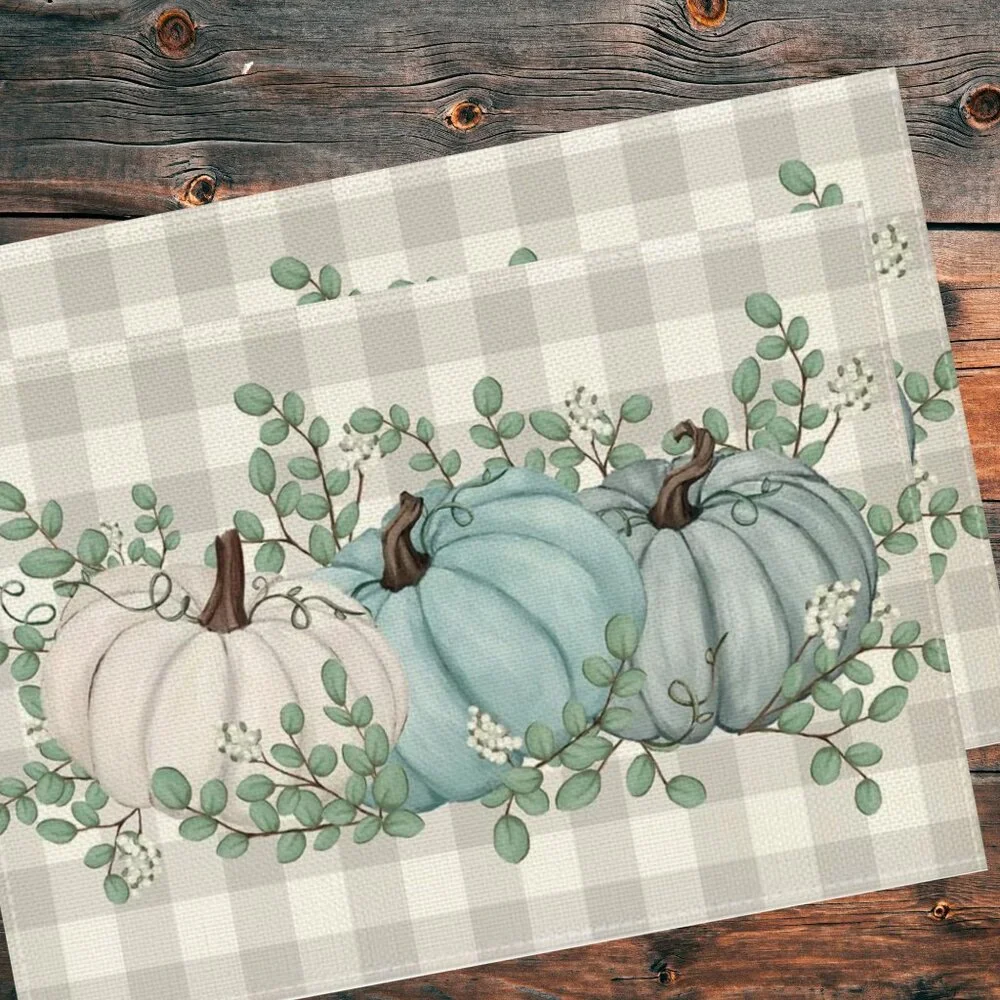 Pumpkin Placemats 8pc Fall Table Decor Thanksgiving Halloween Plaid Decorations